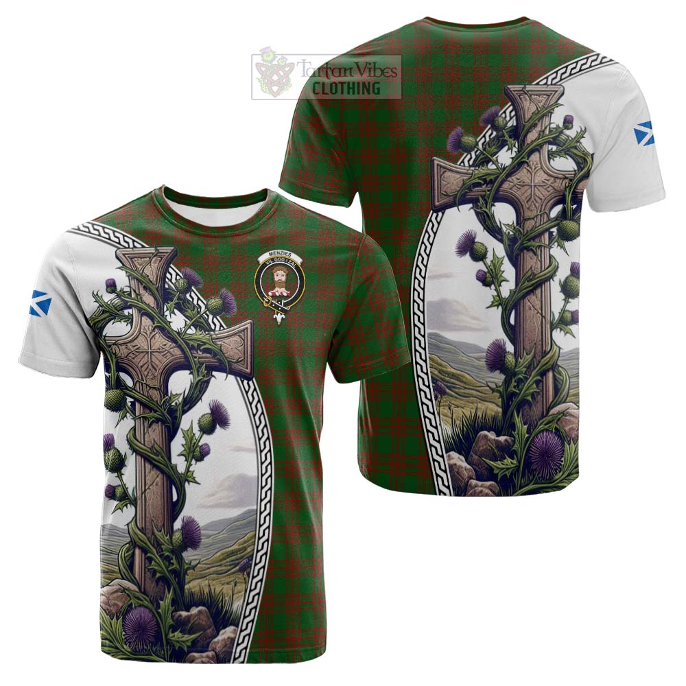 Tartan Vibes Clothing Menzies Tartan Cotton T-shirt with Family Crest and St. Andrew's Cross Accented by Thistle Vines