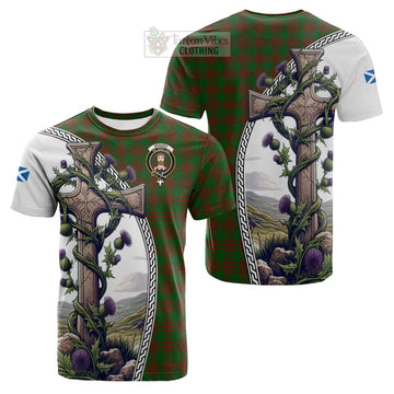 Menzies Tartan Cotton T-shirt with Family Crest and St. Andrew's Cross Accented by Thistle Vines