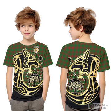 Menzies Tartan Kid T-Shirt with Family Crest Celtic Wolf Style