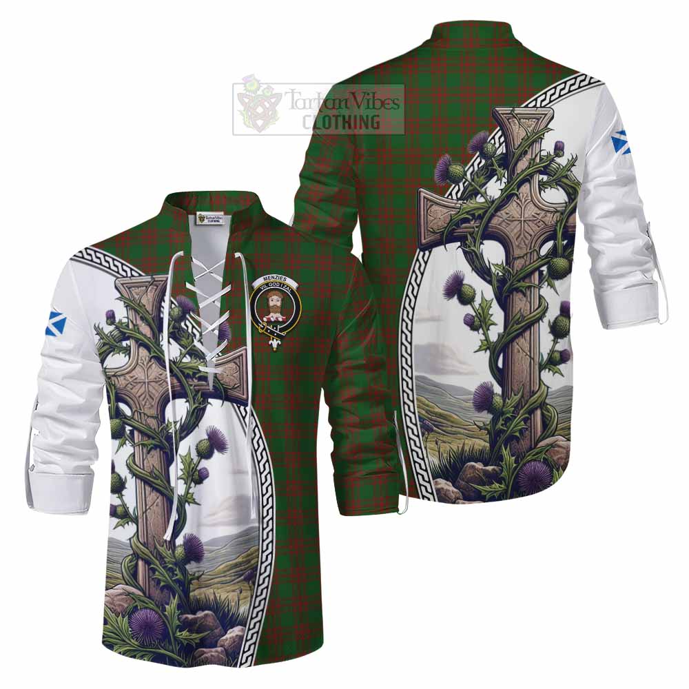 Tartan Vibes Clothing Menzies Tartan Ghillie Kilt Shirt with Family Crest and St. Andrew's Cross Accented by Thistle Vines