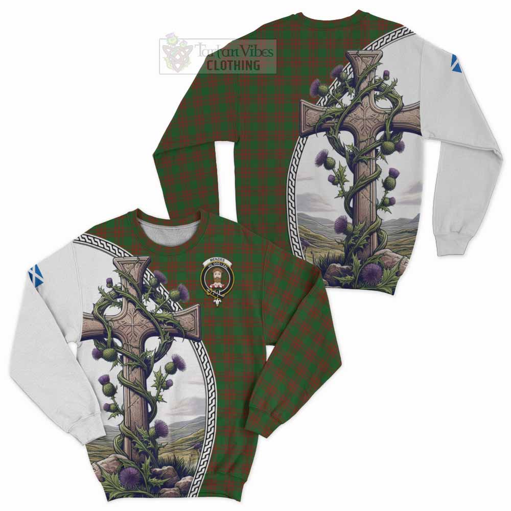 Tartan Vibes Clothing Menzies Tartan Sweatshirt with Family Crest and St. Andrew's Cross Accented by Thistle Vines