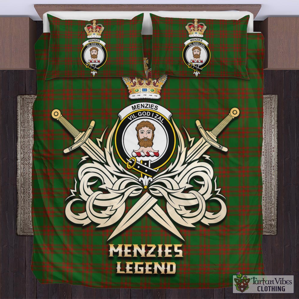 Tartan Vibes Clothing Menzies Tartan Bedding Set with Clan Crest and the Golden Sword of Courageous Legacy