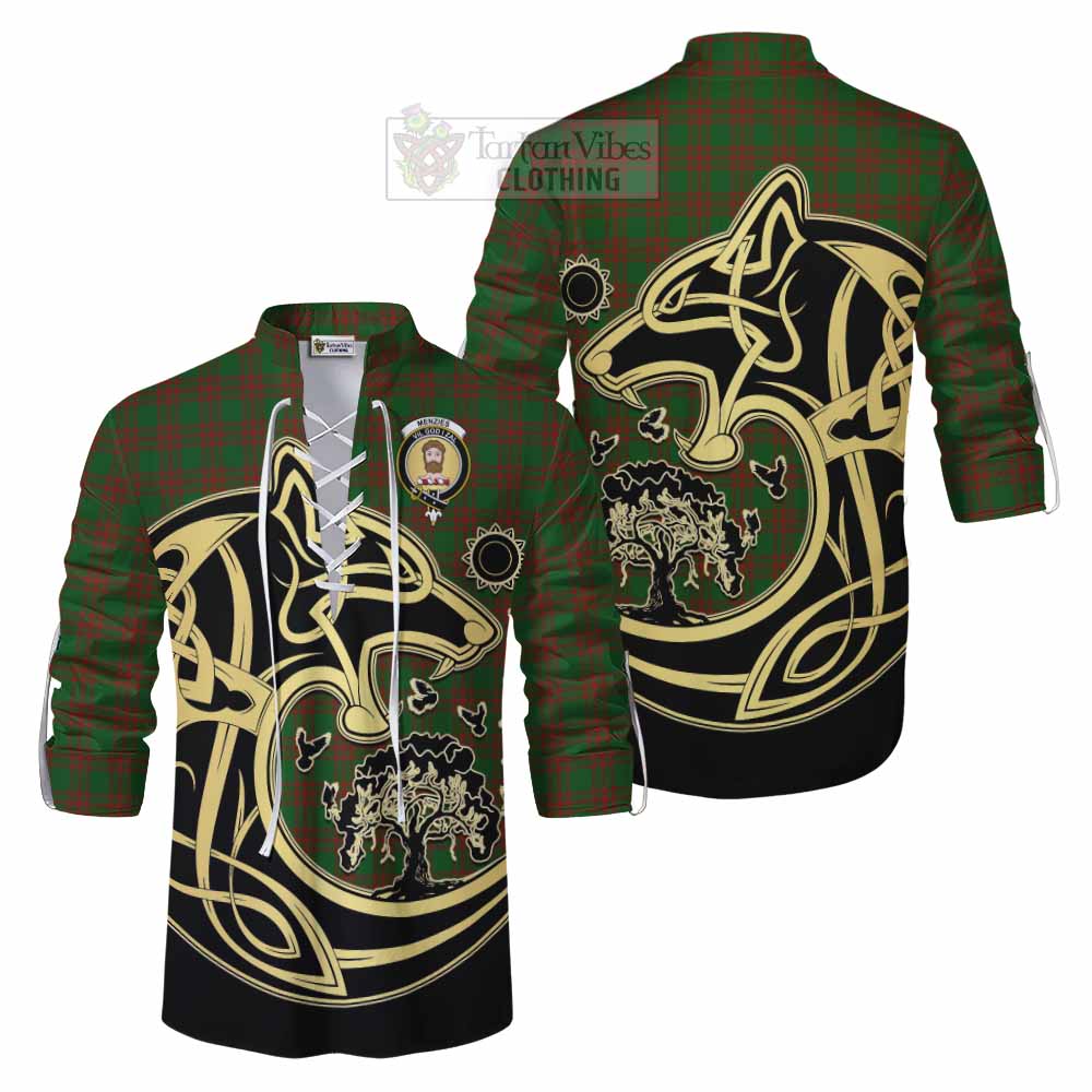 Tartan Vibes Clothing Menzies Tartan Ghillie Kilt Shirt with Family Crest Celtic Wolf Style