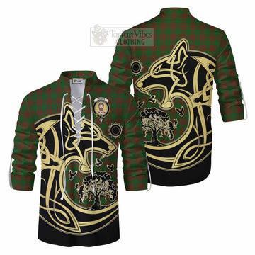 Menzies Tartan Ghillie Kilt Shirt with Family Crest Celtic Wolf Style