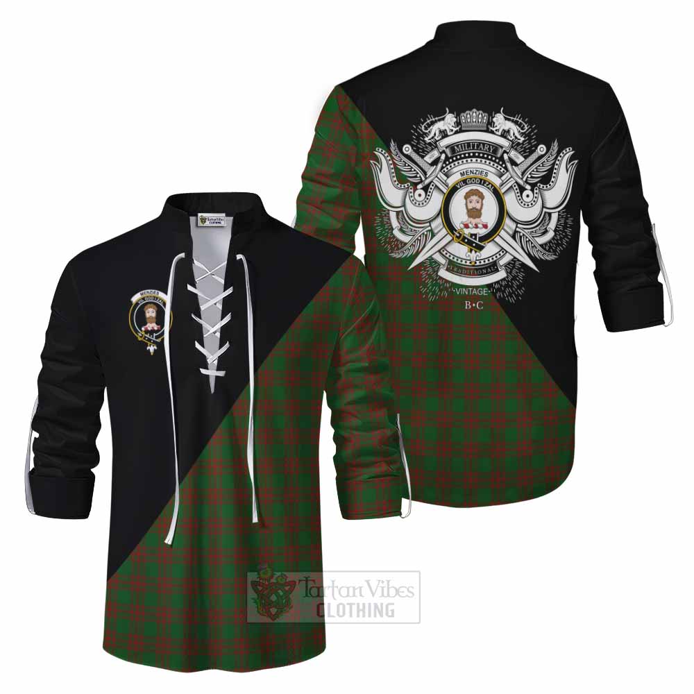 Tartan Vibes Clothing Menzies Tartan Ghillie Kilt Shirt with Family Crest and Military Logo Style