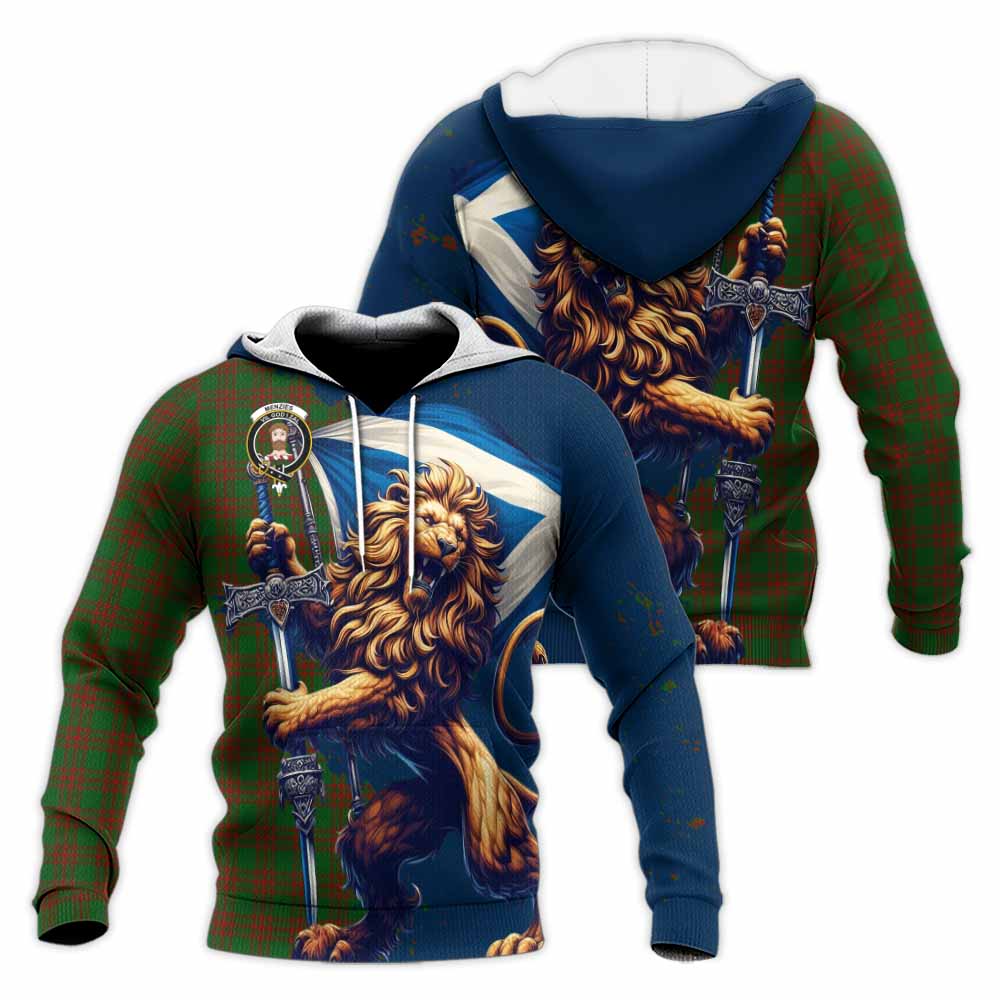 Tartan Vibes Clothing Menzies Tartan Family Crest Knitted Hoodie with Scottish Majestic Lion