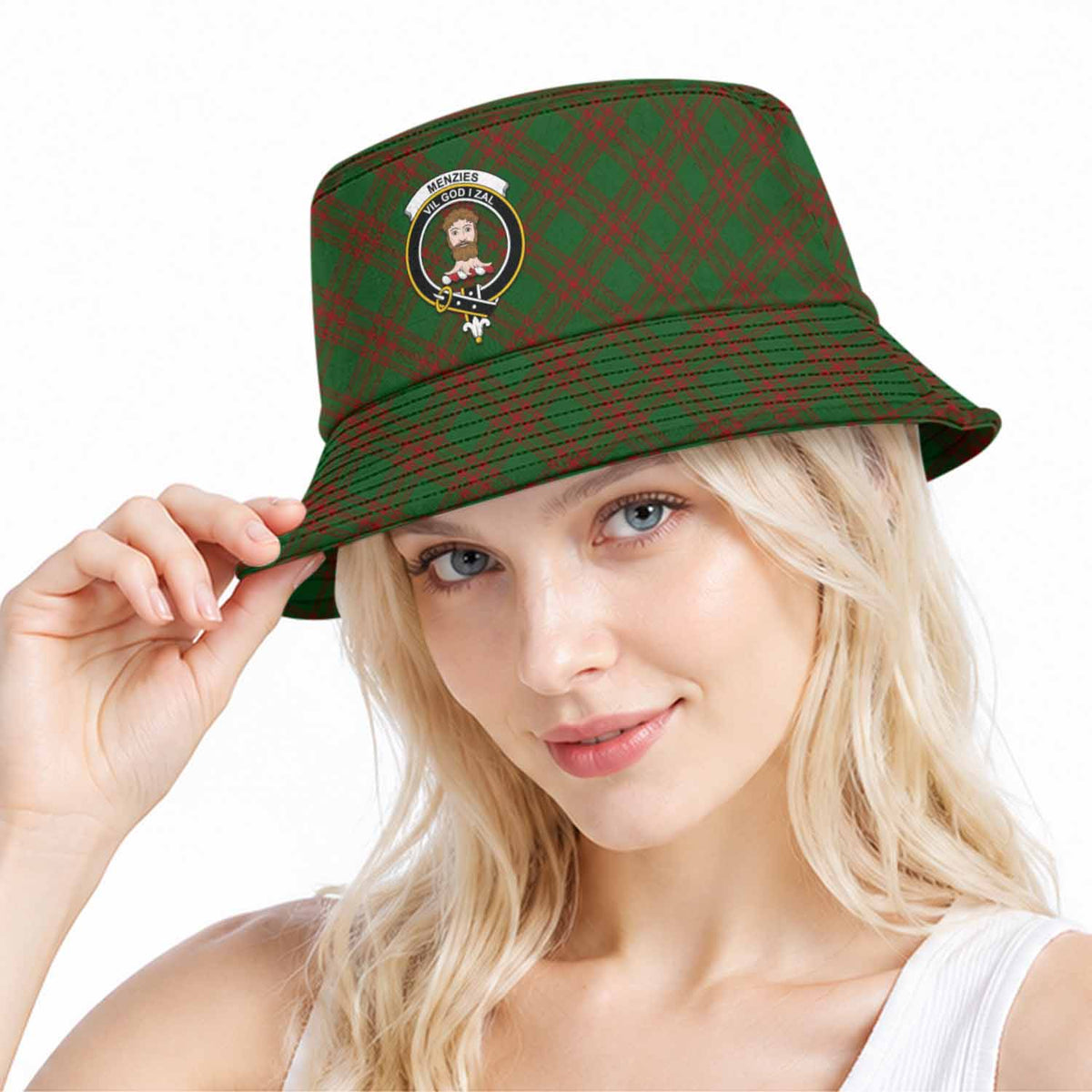 Menzies Tartan Bucket Hat with Family Crest Bucket Hat One Size - Tartan Vibes Clothing