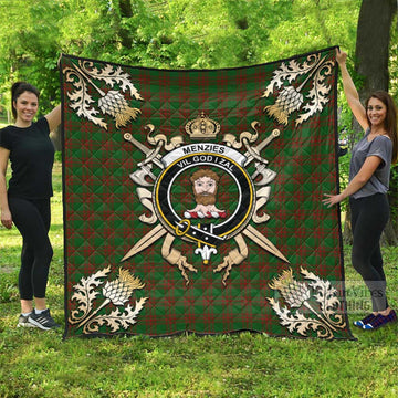 Menzies Tartan Quilt with Family Crest and Golden Thistle Crossed Sword Design