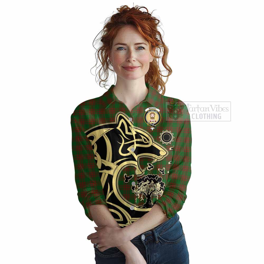 Tartan Vibes Clothing Menzies Tartan Women's Casual Shirt with Family Crest Celtic Wolf Style