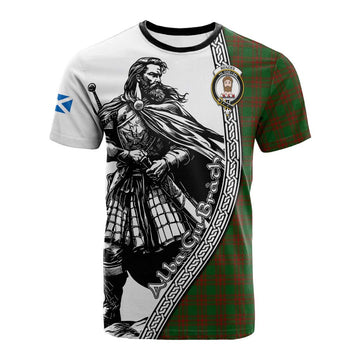 Menzies Tartan Clan Crest Cotton T-shirt with Highlander Warrior Celtic Style