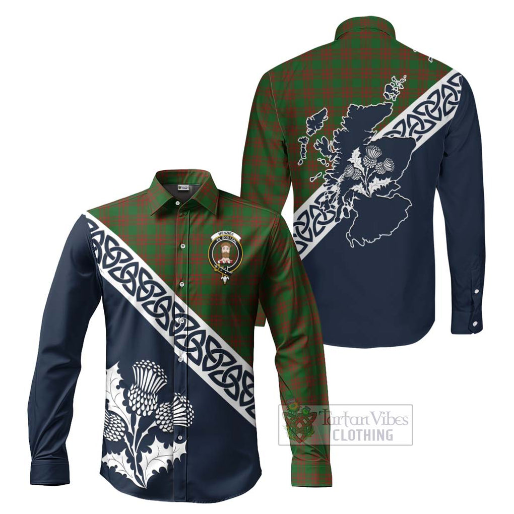 Tartan Vibes Clothing Menzies Tartan Long Sleeve Button Shirt Featuring Thistle and Scotland Map