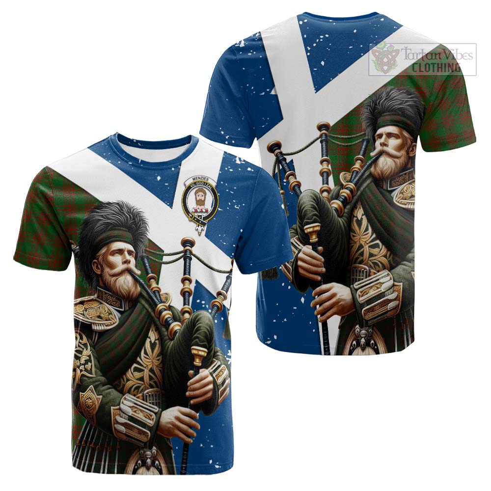 Tartan Vibes Clothing Menzies Tartan Cotton T-shirt with Family Crest Scottish Bagpiper Vibes