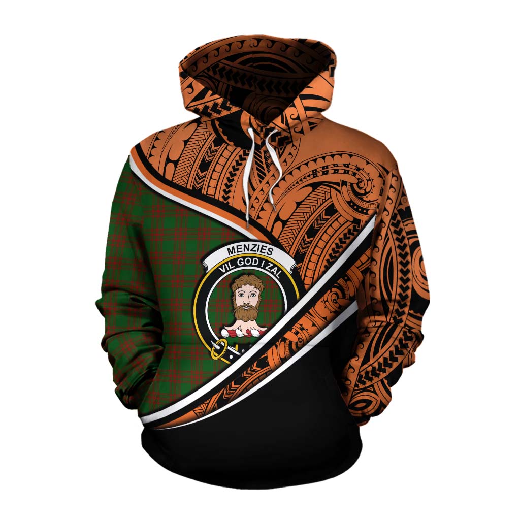 Tartan Vibes Clothing Menzies Crest Tartan Cotton Hoodie with Maori Tattoo Style - Orange Version