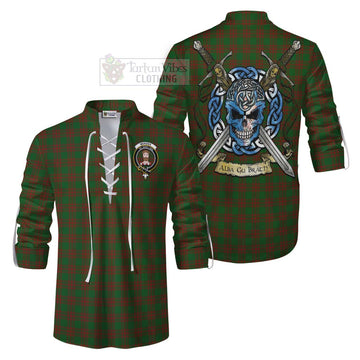 Menzies Tartan Ghillie Kilt Shirt with Family Crest Celtic Skull Style