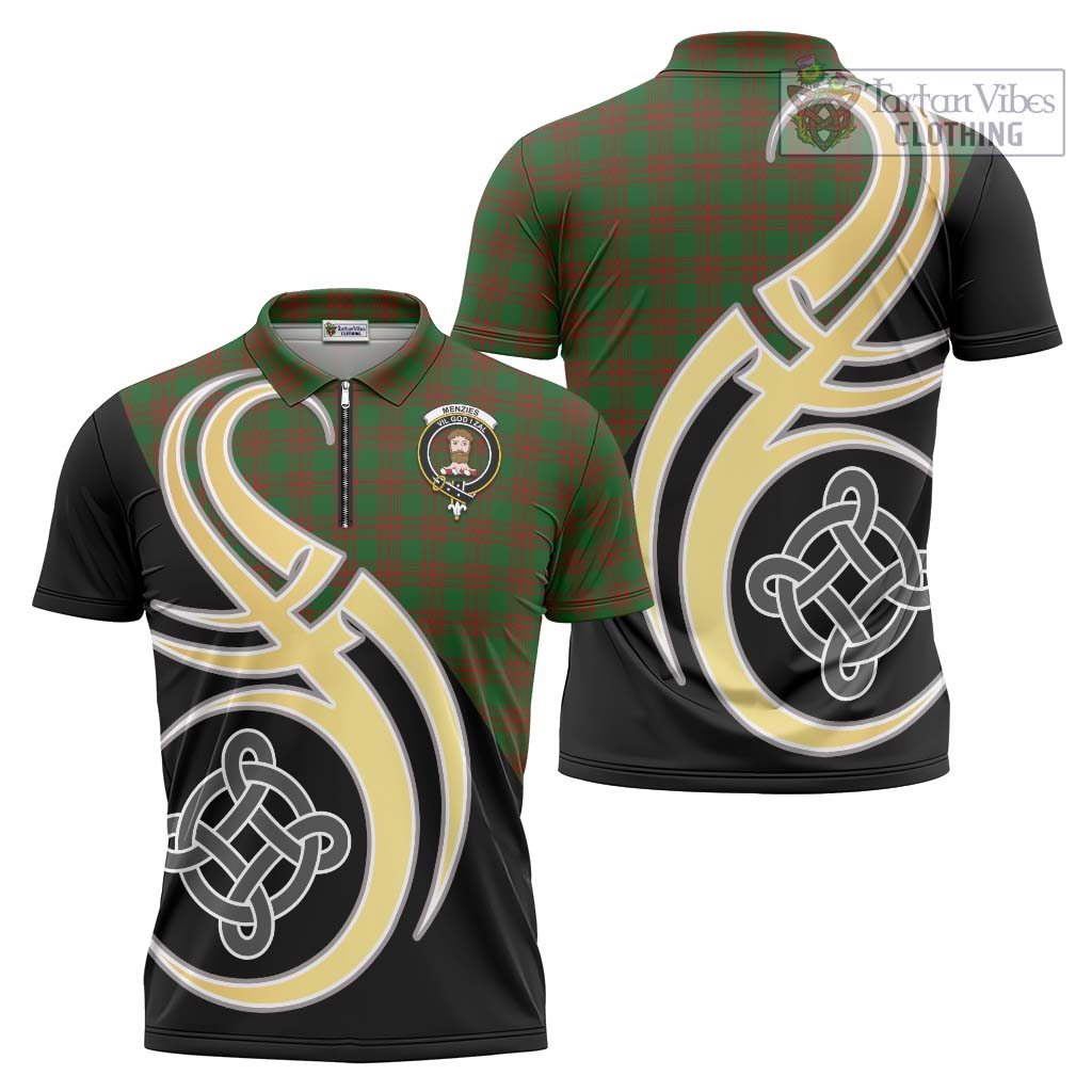 Tartan Vibes Clothing Menzies Tartan Zipper Polo Shirt with Family Crest and Celtic Symbol Style