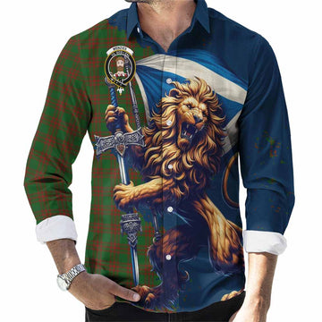 Menzies Tartan Family Crest Long Sleeve Button Shirt with Scottish Majestic Lion