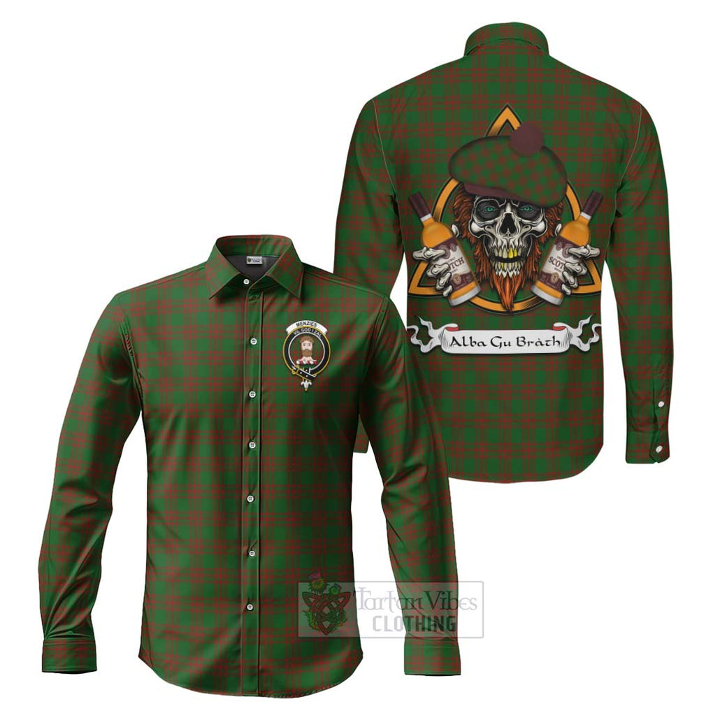 Tartan Vibes Clothing Menzies Tartan Long Sleeve Button Shirt with Family Crest and Bearded Skull Holding Bottles of Whiskey