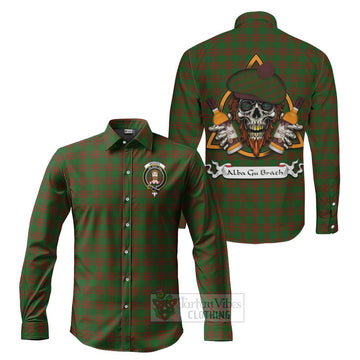 Menzies Tartan Long Sleeve Button Shirt with Family Crest and Bearded Skull Holding Bottles of Whiskey