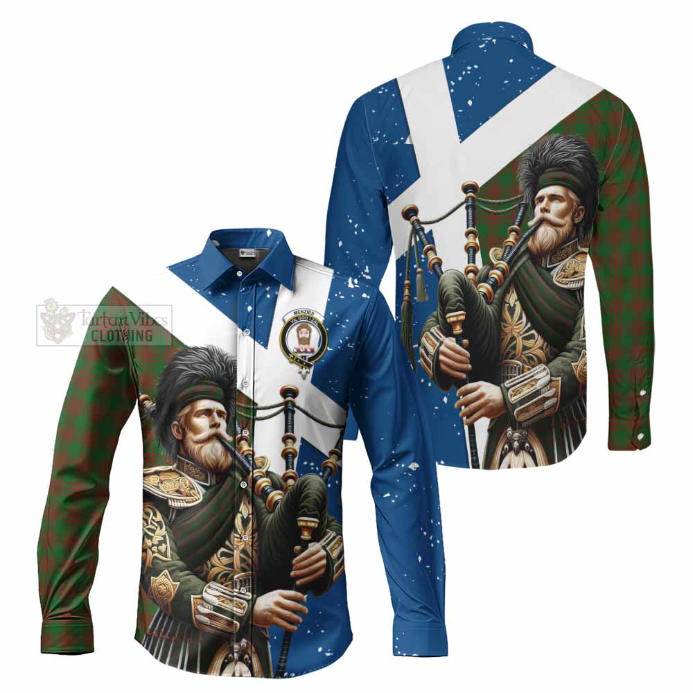 Tartan Vibes Clothing Menzies Tartan Long Sleeve Button Shirt with Family Crest Scottish Bagpiper Vibes