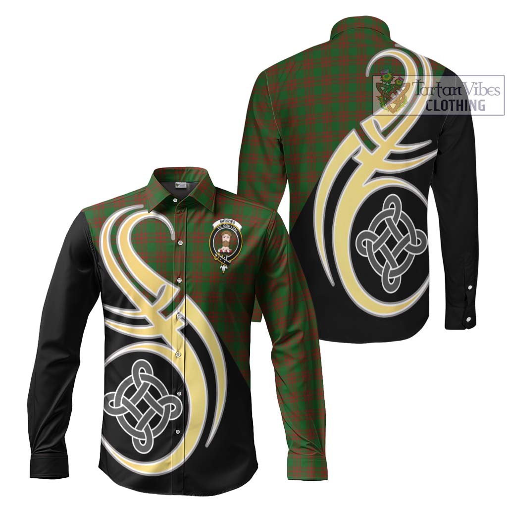 Menzies Tartan Long Sleeve Button Shirt with Family Crest and Celtic Symbol Style Men's Shirt S - Tartan Vibes Clothing