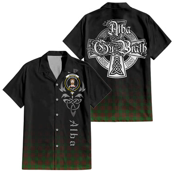 Menzies Tartan Short Sleeve Button Up Shirt Featuring Alba Gu Brath Family Crest Celtic Inspired