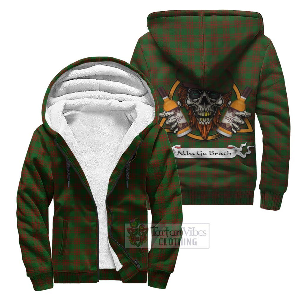 Tartan Vibes Clothing Menzies Tartan Sherpa Hoodie with Family Crest and Bearded Skull Holding Bottles of Whiskey