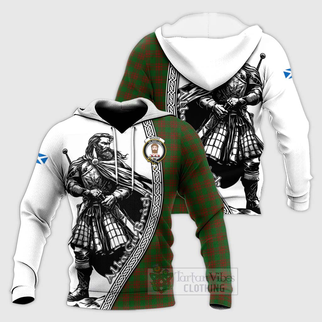 Tartan Vibes Clothing Menzies Tartan Clan Crest Knitted Hoodie with Highlander Warrior Celtic Style