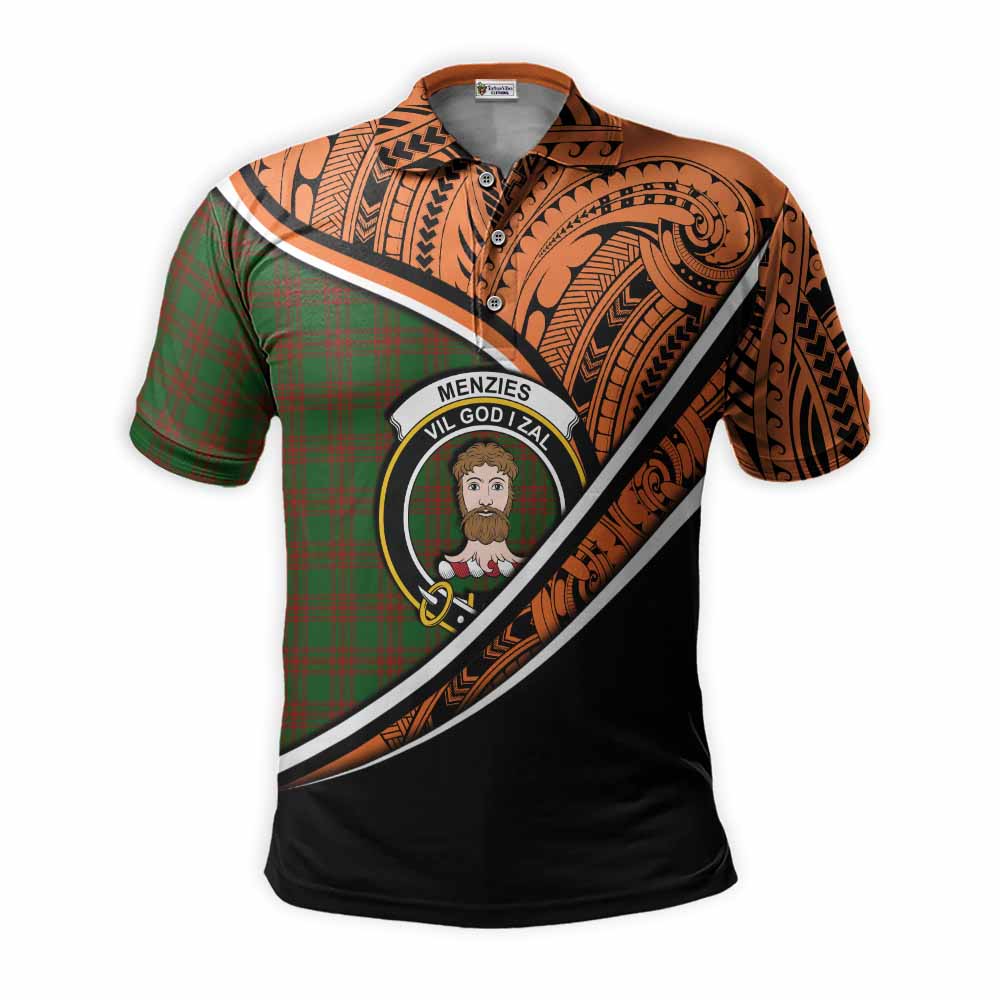 Tartan Vibes Clothing Menzies Crest Tartan Polo Shirt with Maori Tattoo Style - Orange Version