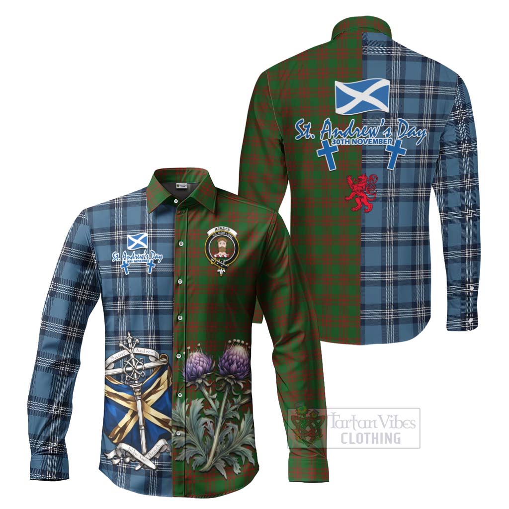 Tartan Vibes Clothing Menzies Tartan Long Sleeve Button Shirt Happy St. Andrew's Day Half Tartan Style