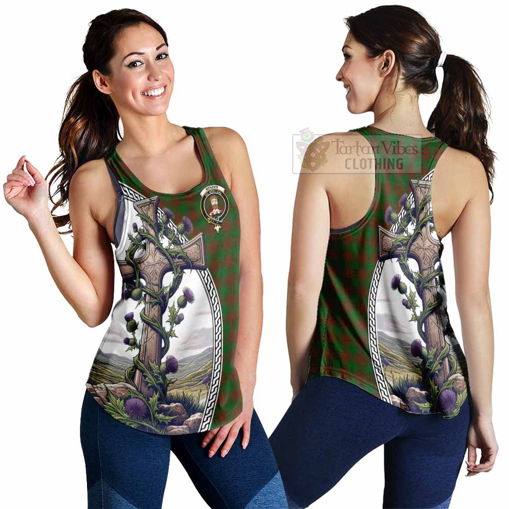 Tartan Vibes Clothing Menzies Tartan Women's Racerback Tanks with Family Crest and St. Andrew's Cross Accented by Thistle Vines