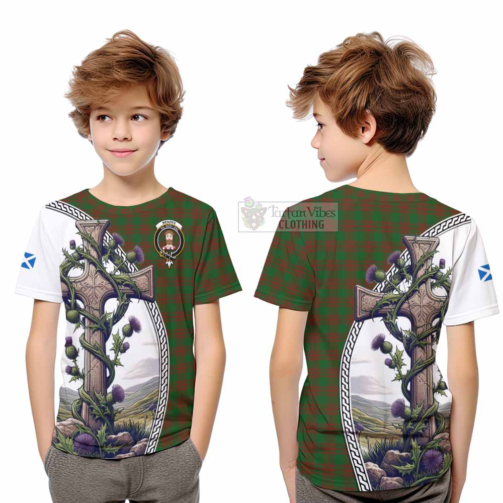 Tartan Vibes Clothing Menzies Tartan Kid T-Shirt with Family Crest and St. Andrew's Cross Accented by Thistle Vines