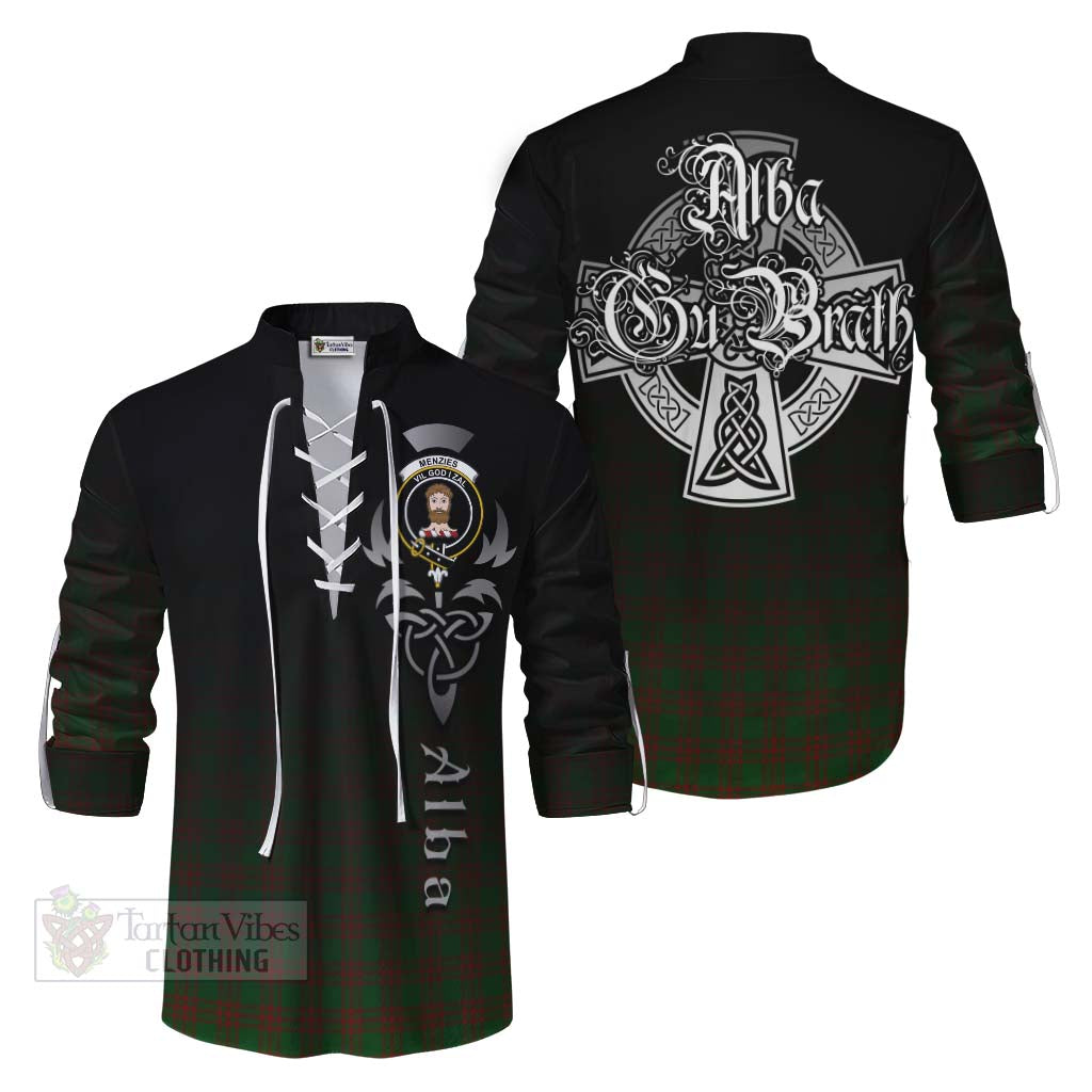 Tartan Vibes Clothing Menzies Tartan Ghillie Kilt Shirt Featuring Alba Gu Brath Family Crest Celtic Inspired