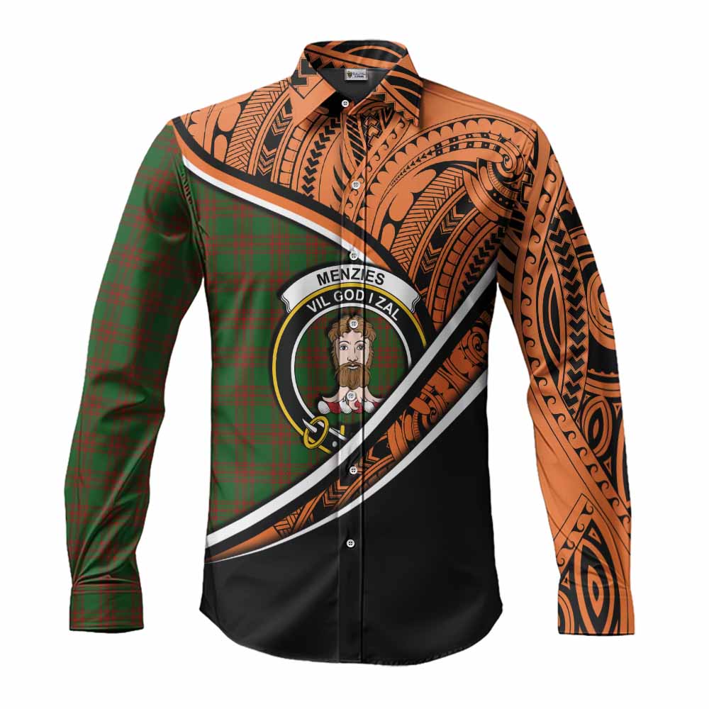 Tartan Vibes Clothing Menzies Crest Tartan Long Sleeve Button Shirt with Maori Tattoo Style - Orange Version