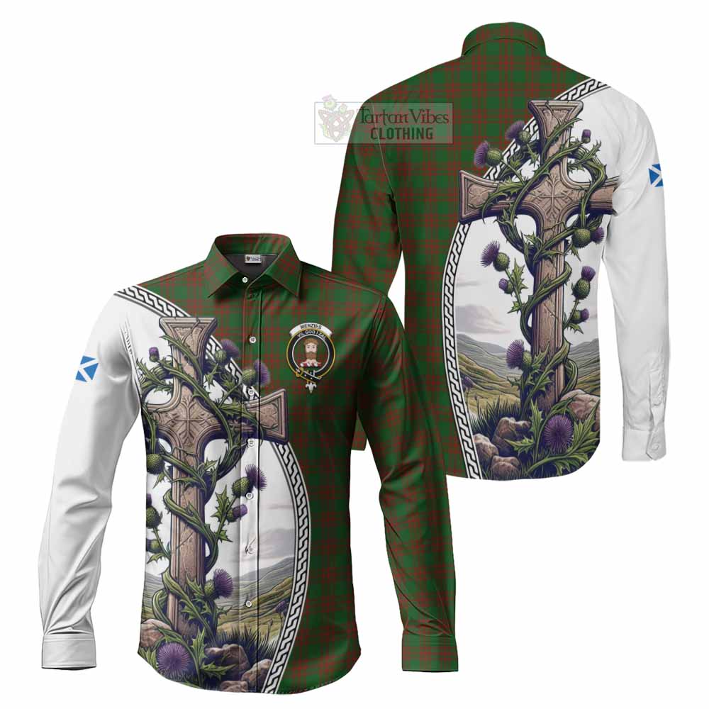 Tartan Vibes Clothing Menzies Tartan Long Sleeve Button Shirt with Family Crest and St. Andrew's Cross Accented by Thistle Vines