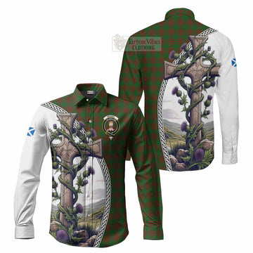 Menzies Tartan Long Sleeve Button Shirt with Family Crest and St. Andrew's Cross Accented by Thistle Vines