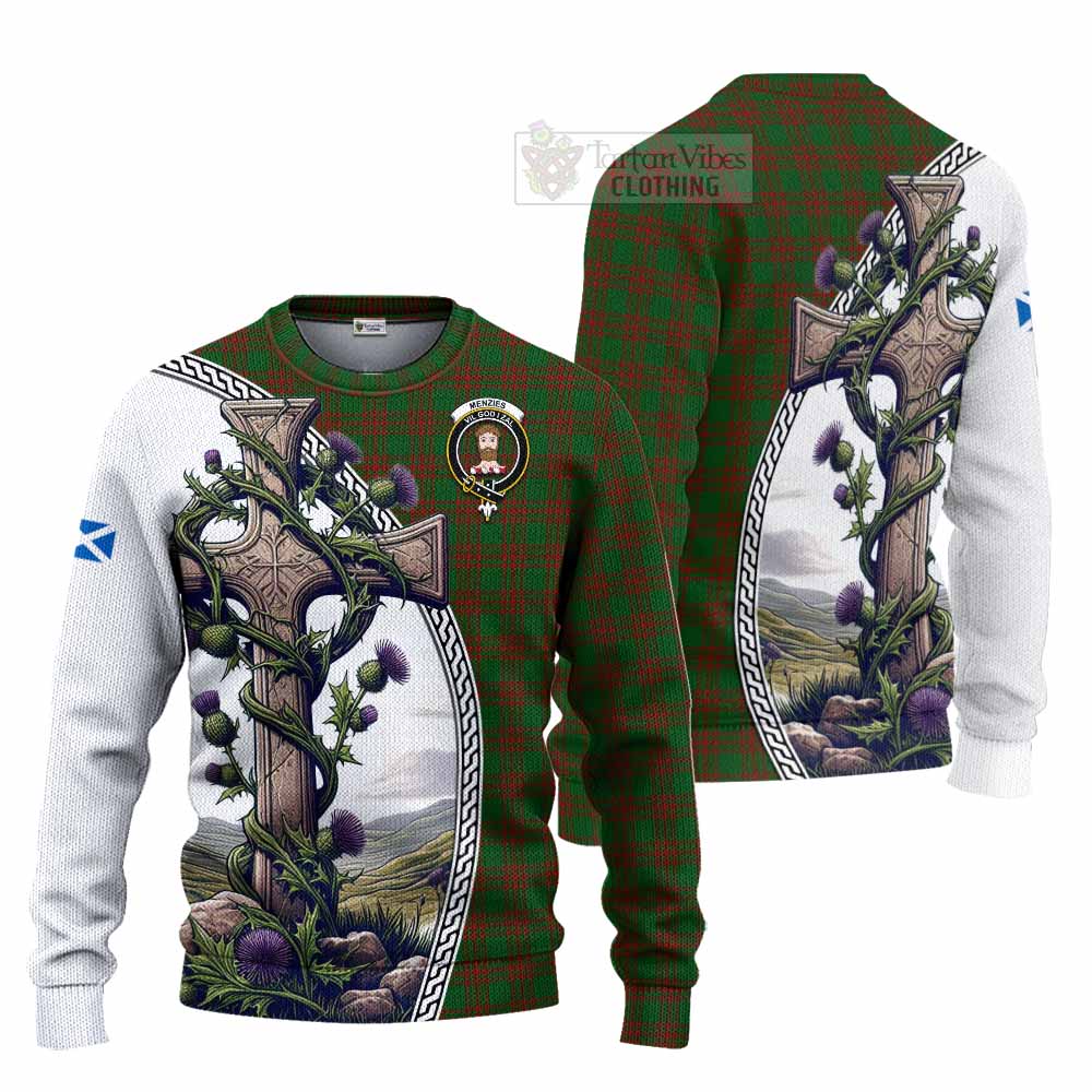 Tartan Vibes Clothing Menzies Tartan Knitted Sweater with Family Crest and St. Andrew's Cross Accented by Thistle Vines