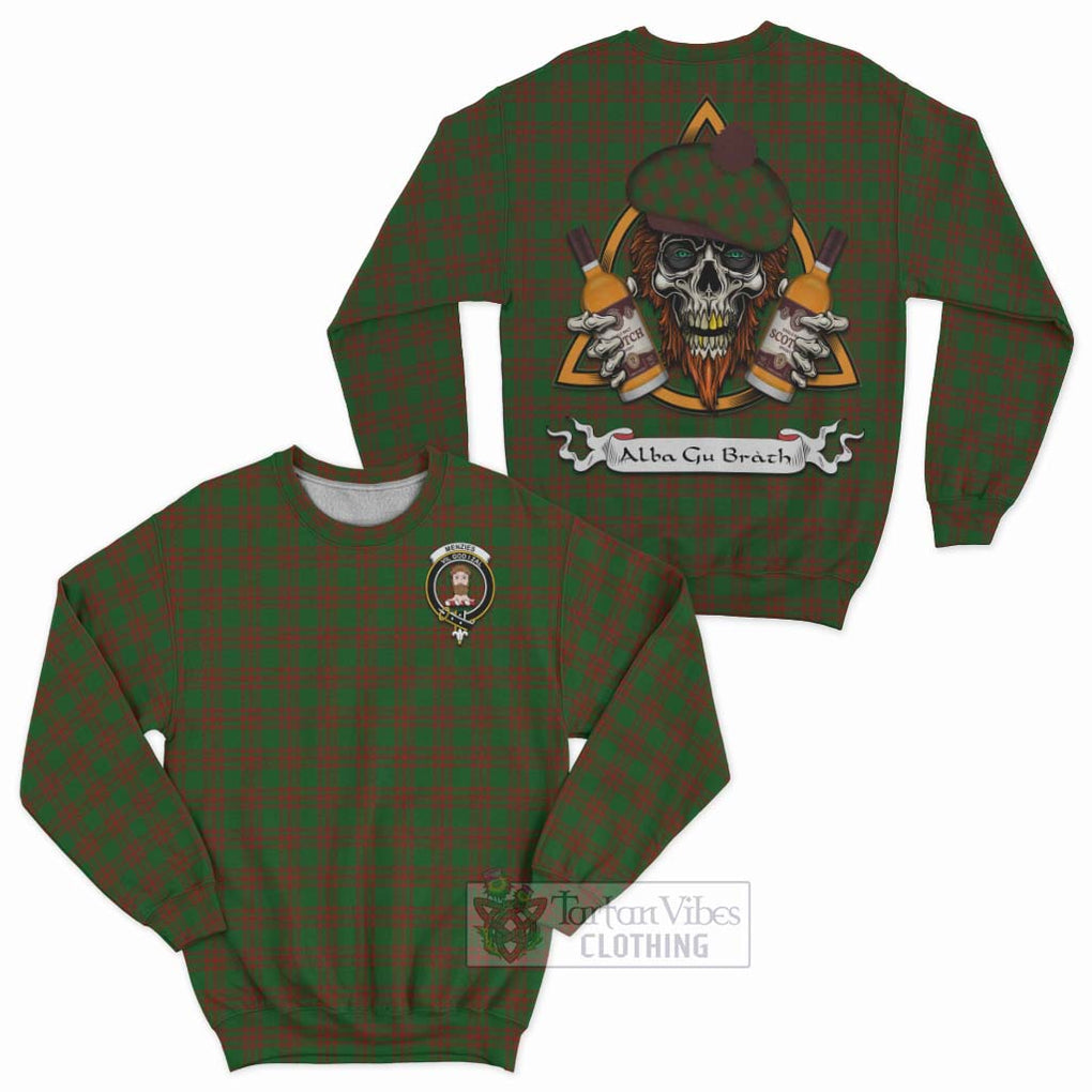 Tartan Vibes Clothing Menzies Tartan Sweatshirt with Family Crest and Bearded Skull Holding Bottles of Whiskey