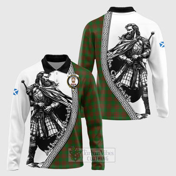 Menzies Tartan Clan Crest Long Sleeve Polo Shirt with Highlander Warrior Celtic Style