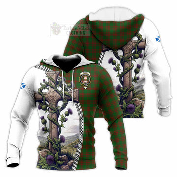 Menzies Tartan Knitted Hoodie with Family Crest and St. Andrew's Cross Accented by Thistle Vines