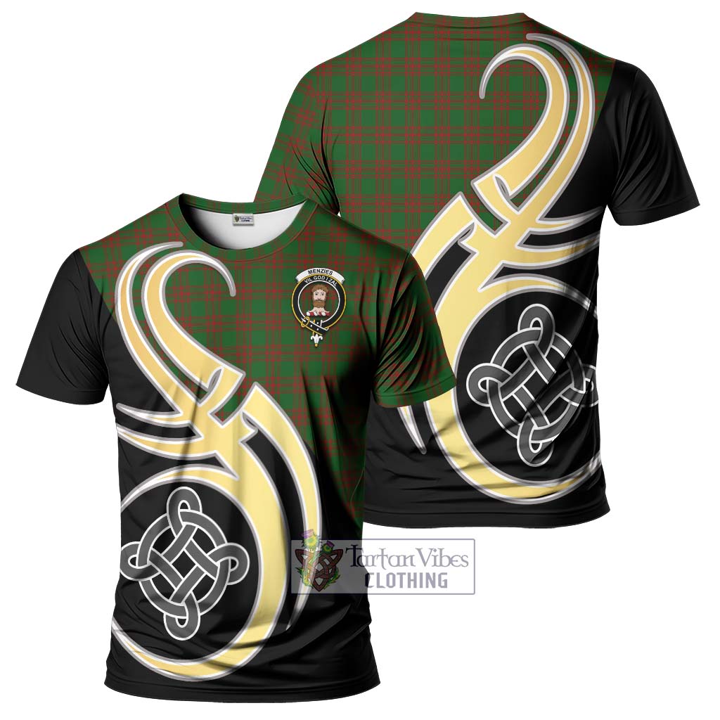 Tartan Vibes Clothing Menzies Tartan T-Shirt with Family Crest and Celtic Symbol Style