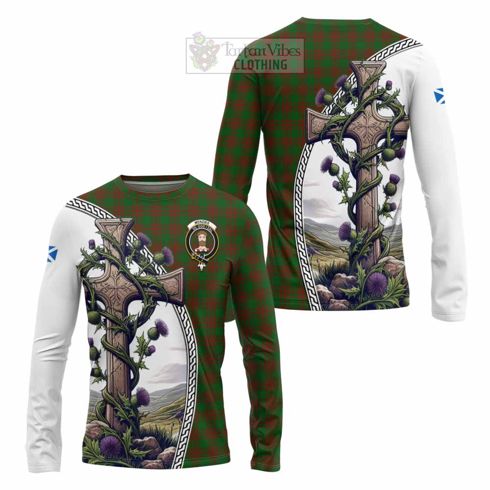 Tartan Vibes Clothing Menzies Tartan Long Sleeve T-Shirt with Family Crest and St. Andrew's Cross Accented by Thistle Vines