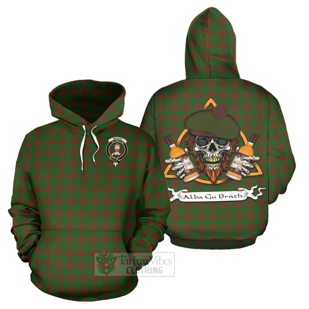 Tartan Vibes Clothing Menzies Tartan Hoodie with Family Crest and Bearded Skull Holding Bottles of Whiskey