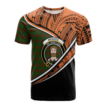 Menzies Crest Tartan Cotton T-shirt with Polynesian Vibes Style - Orange Version