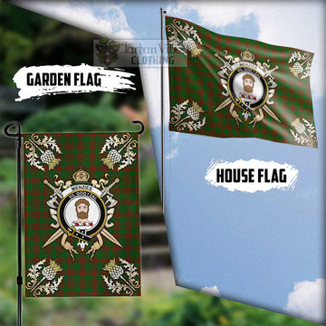 Menzies Tartan Flag with Family Crest and Golden Thistle Crossed Sword Design