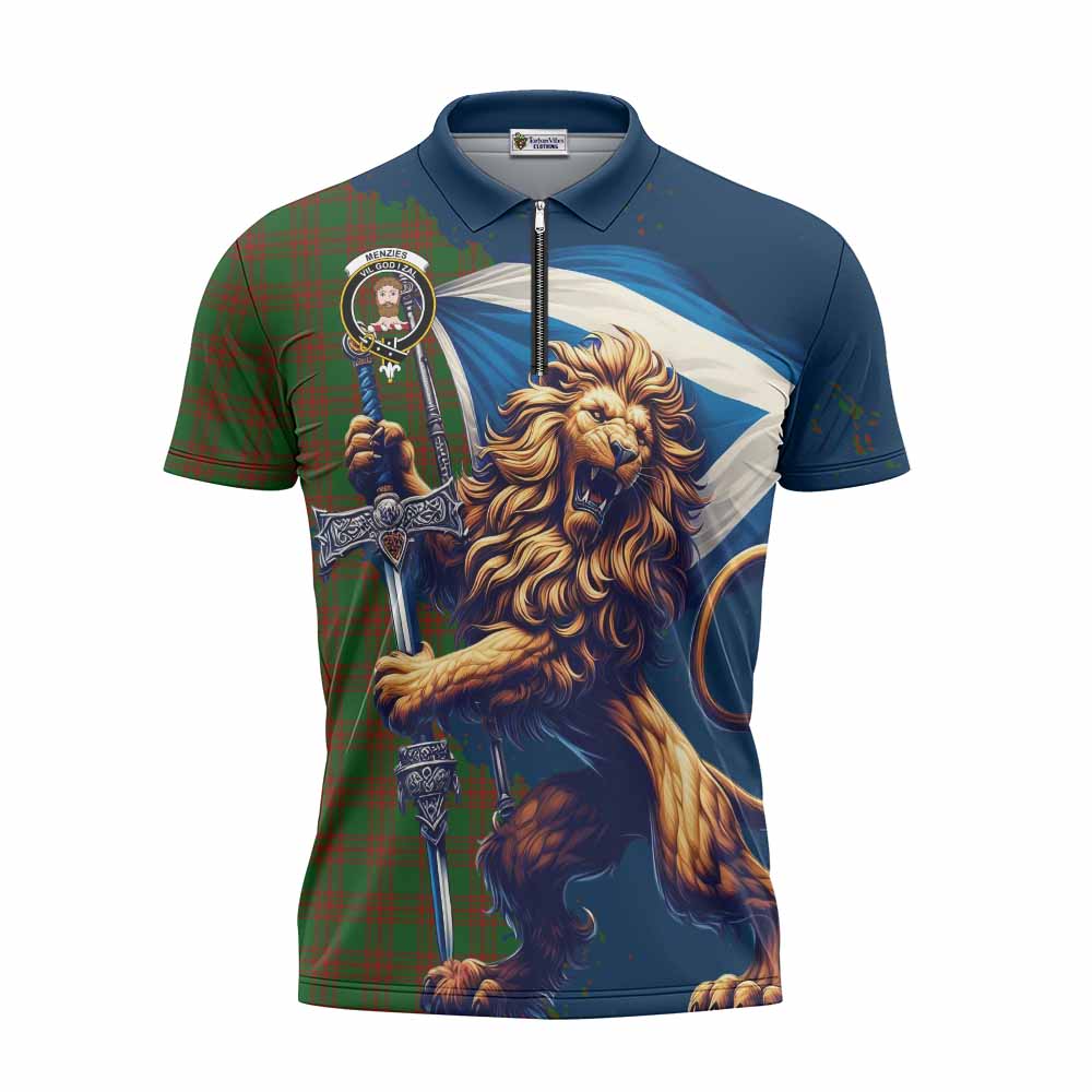 Tartan Vibes Clothing Menzies Tartan Family Crest Zipper Polo Shirt with Scottish Majestic Lion