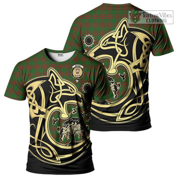 Menzies Tartan T-Shirt with Family Crest Celtic Wolf Style