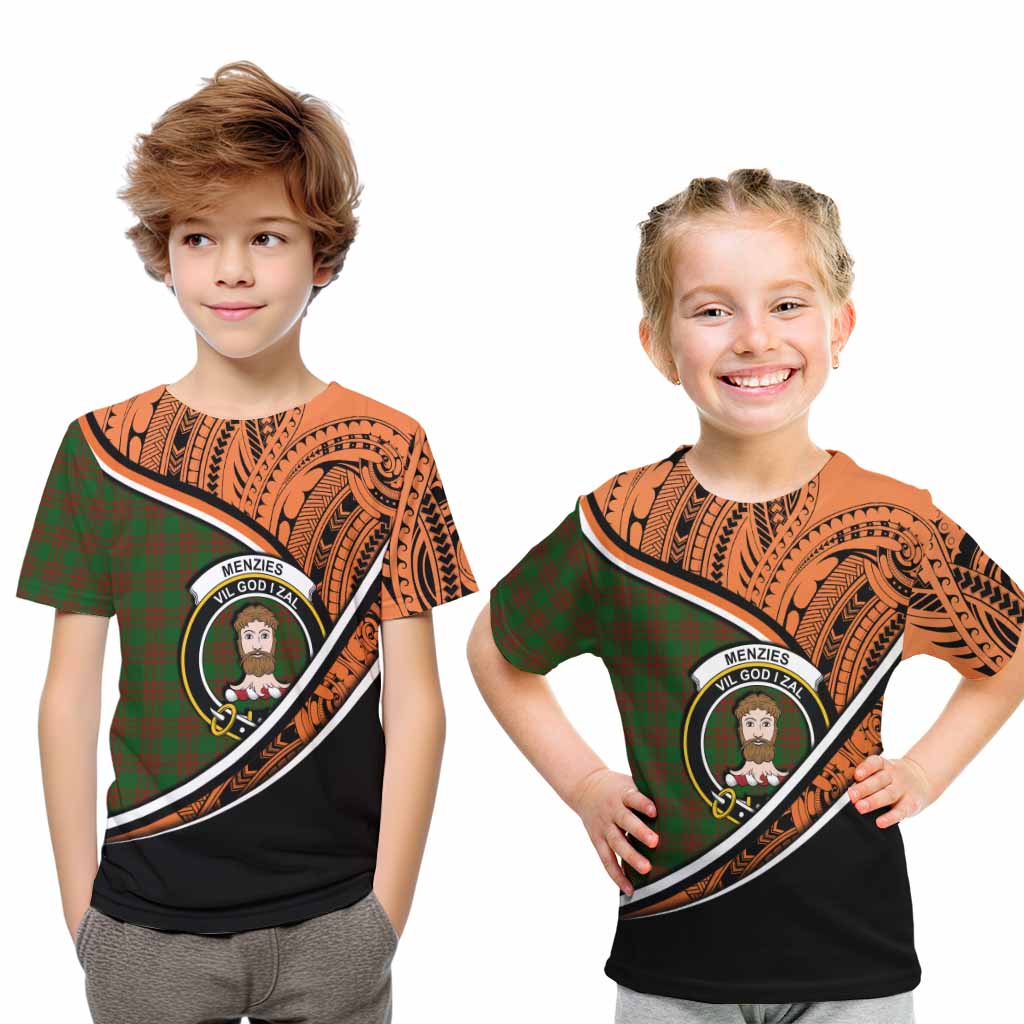 Tartan Vibes Clothing Menzies Crest Tartan Kid T-Shirt with Maori Tattoo Style - Orange Version