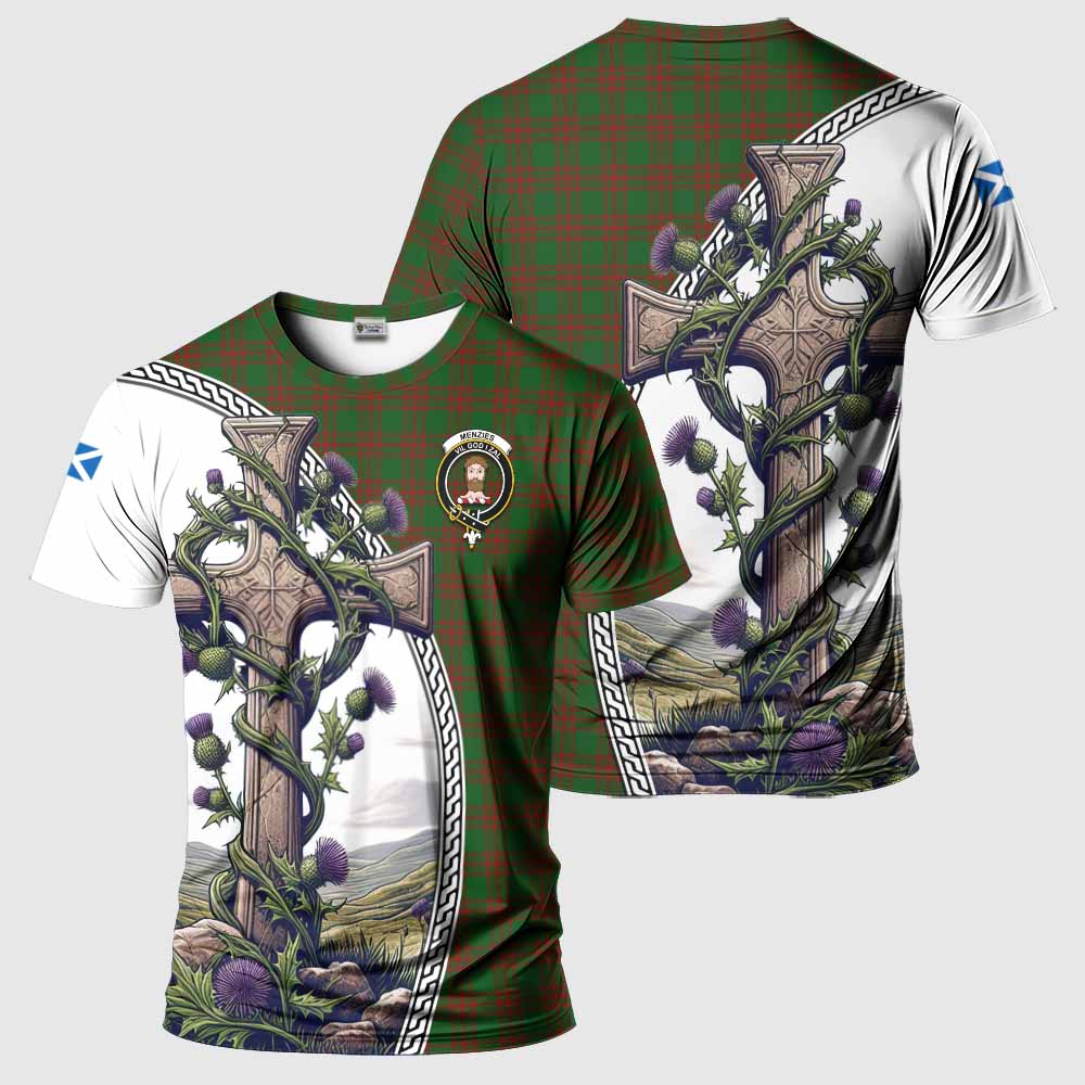 Tartan Vibes Clothing Menzies Agnew Tartan T-Shirt with Family Crest and St. Andrew's Cross Accented by Thistle Vines