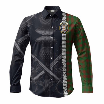 Menzies Tartan Long Sleeve Button Shirt with Family Crest Cross Sword Thistle Celtic Vibes Men's Shirt S - Tartan Vibes Clothing