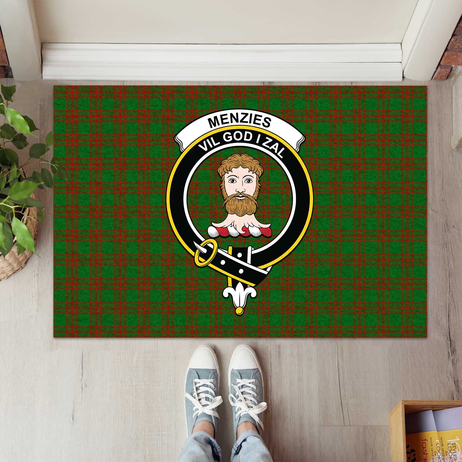 Menzies Tartan Door Mat with Family Crest - Tartanvibesclothing